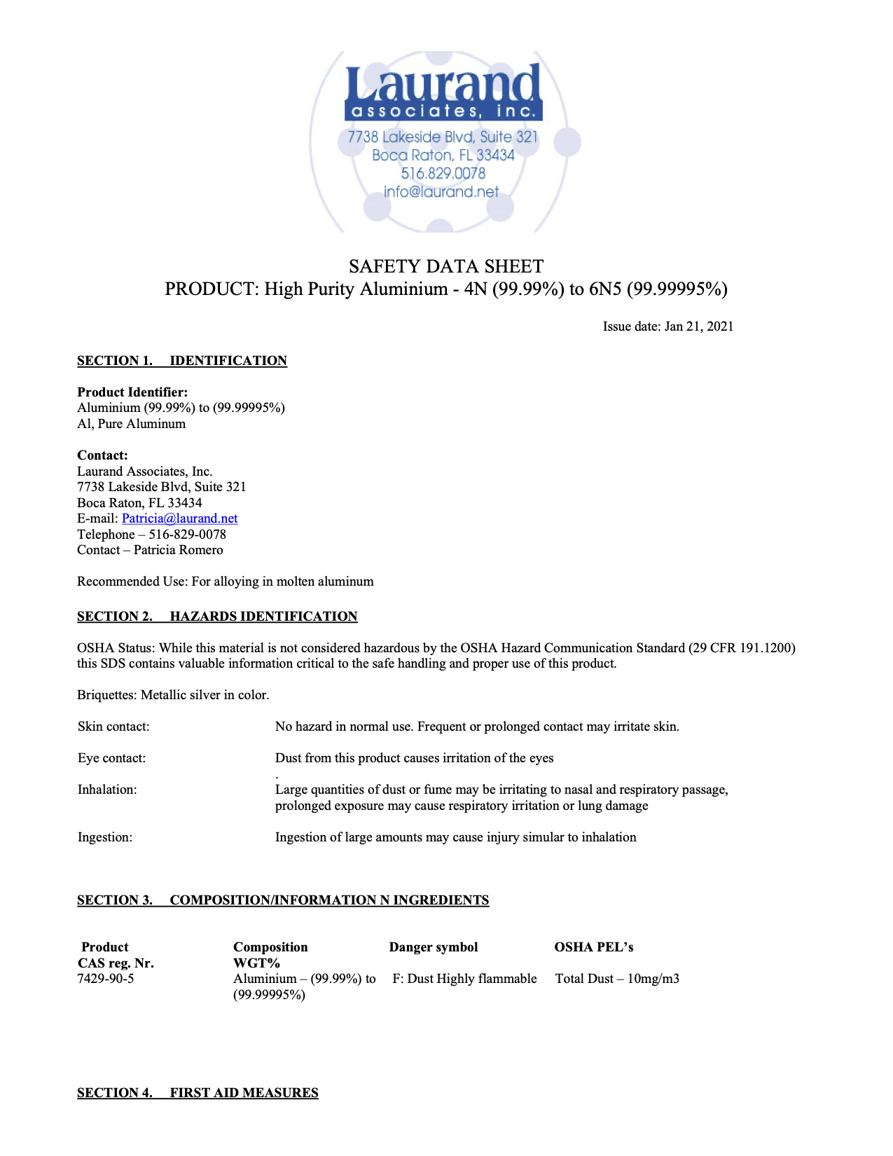 Safety Data Sheet and quality High Purity Aluminum